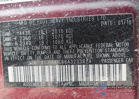 2010 Subaru Legacy 2.5I Premium from USA, damaged, VIN 4S3BMBC66A3233874